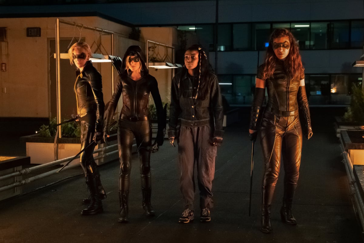 Arrow -- "Green Arrow & The Canaries" -- Image Number: AR809a_0263r.jpg -- Pictured (L-R): Katie Cassidy as Laurel Lance/Black Siren, Katherine McNamara as Mia, Raigan Harris as Bianca Bertinelli and Juliana Harkavy as Dinah Drake/Black Canary -- Photo: Katie Yu/The CW -- © 2020 The CW Network, LLC. All Rights Reserved.