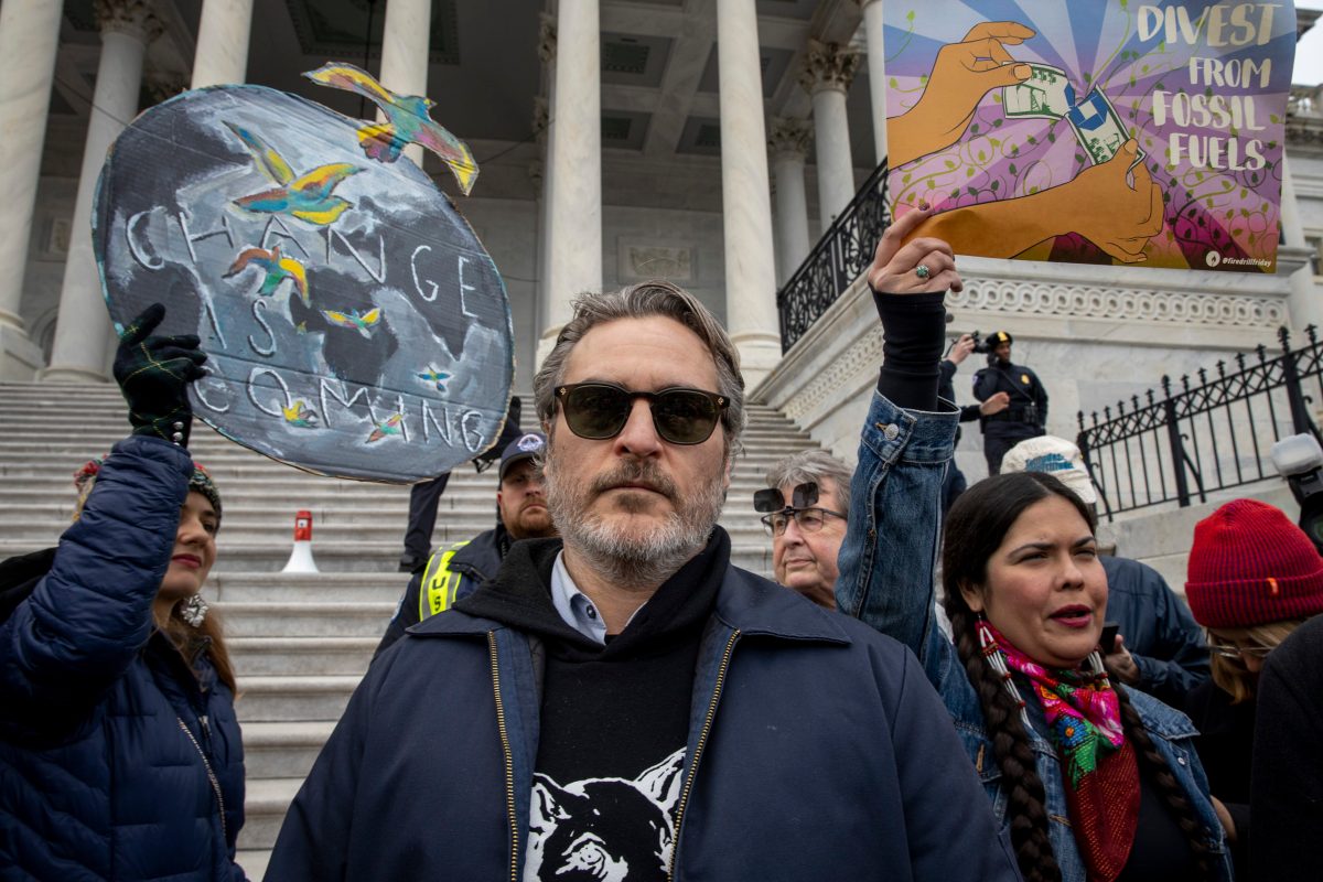 WASHINGTON, DC - JANUARY 10: Actor Joaquin Phoenix march in the Fire Drill Fridays rally to protest the climate emergency on Capitol Hill on January 10, 2020 in Washington, DC. (Photo by Tasos Katopodis/Getty Images)