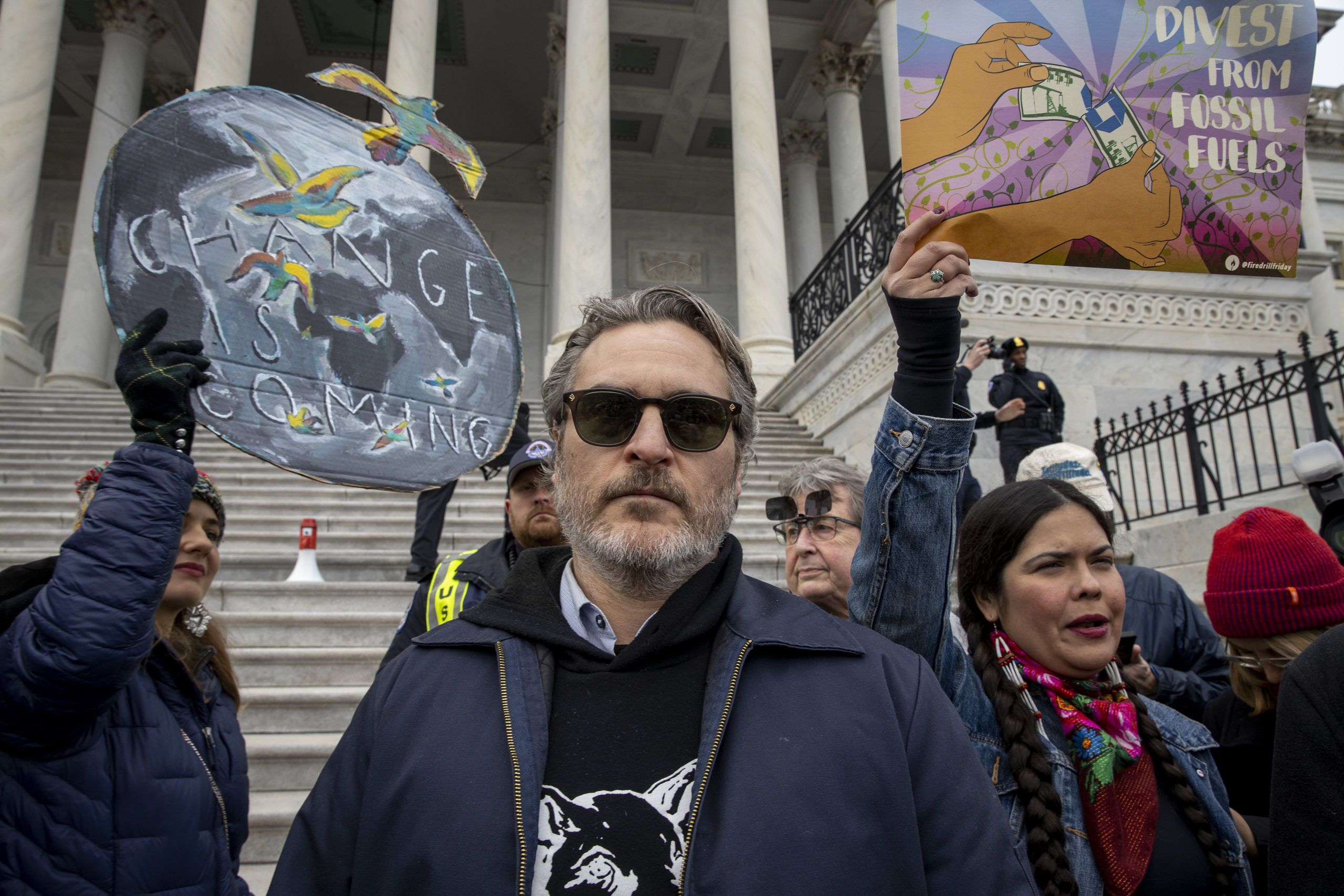WASHINGTON, DC - JANUARY 10: Actor Joaquin Phoenix march in the Fire Drill Fridays rally to protest the climate emergency on Capitol Hill on January 10, 2020 in Washington, DC. (Photo by Tasos Katopodis/Getty Images)