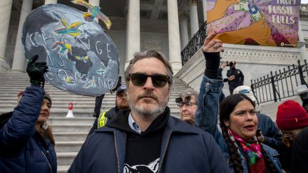 WASHINGTON, DC - JANUARY 10: Actor Joaquin Phoenix march in the Fire Drill Fridays rally to protest the climate emergency on Capitol Hill on January 10, 2020 in Washington, DC. (Photo by Tasos Katopodis/Getty Images)