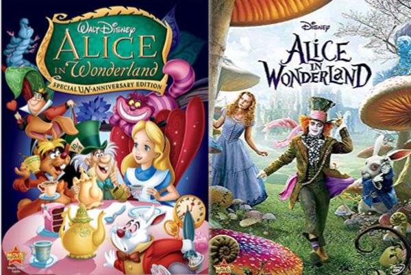 Disney's Alice in Wonderland original vs. live action posters.