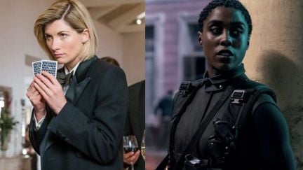Jodie Whittaker as The Doctor playing cards in Spyfall and Lashana Lynch as 007 in No Time to Die.