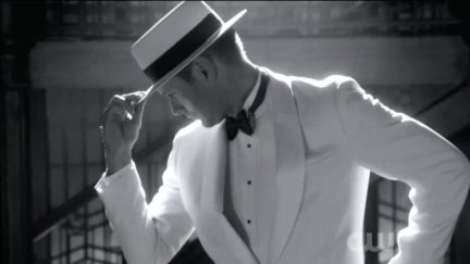 dean winchester dances in black and white