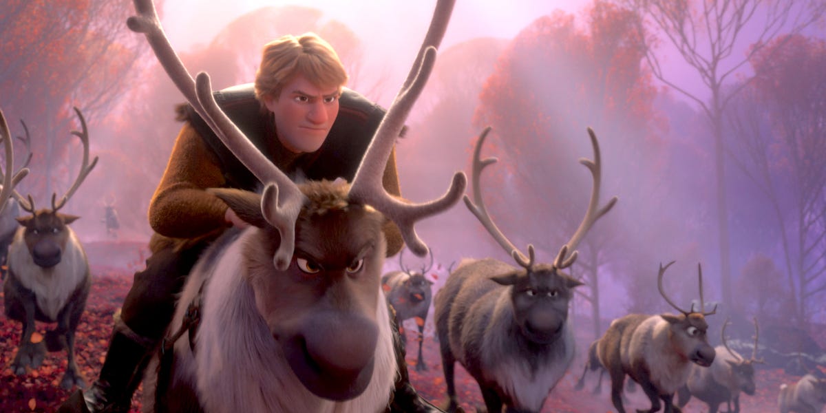 kristoff rides a reindeer in frozen 2