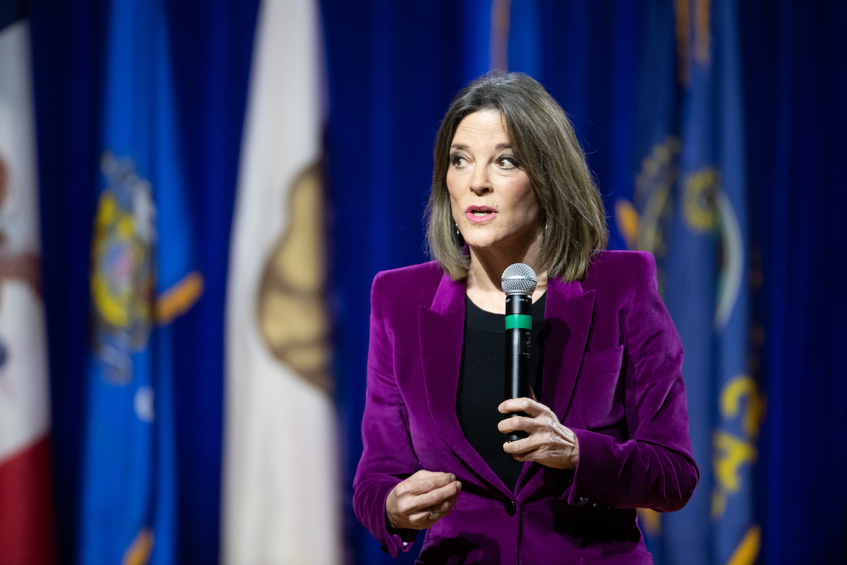Marianne Williamson addresses the audience at the Environmental Justice Presidential Candidate Forum