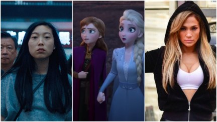 awkwafina in the farewell, frozen 2 and jennifer lopez in hustlers collage