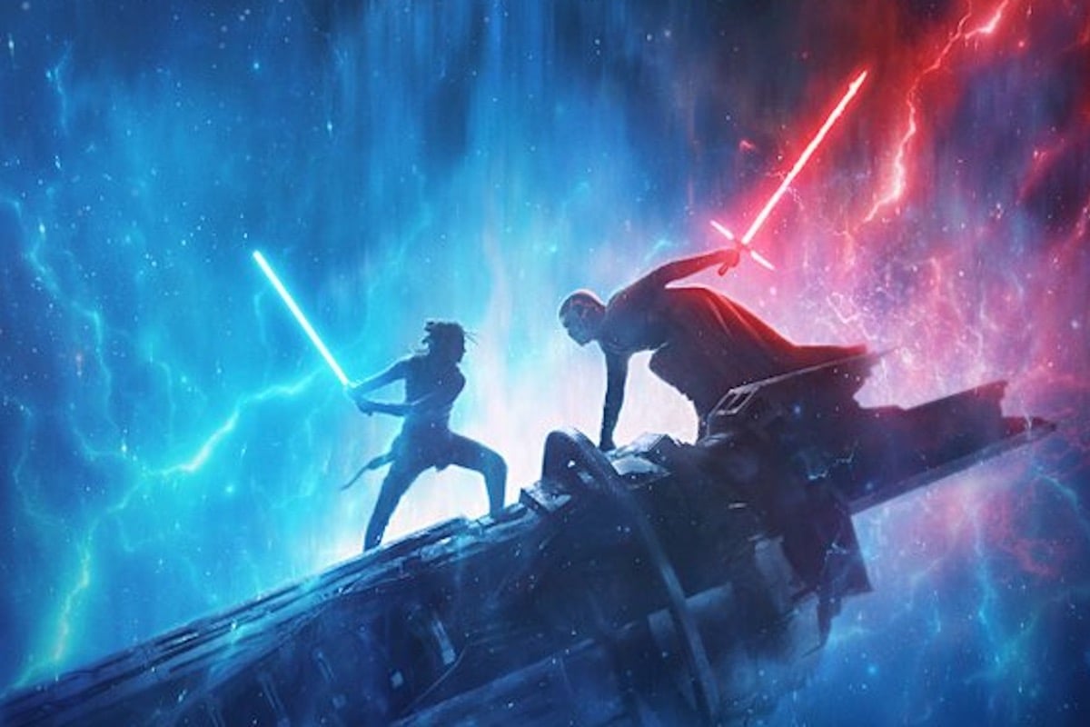 Rey and Kylo Ren lightsaber battle on the Star Wars: The Rise of Skywalker poster.