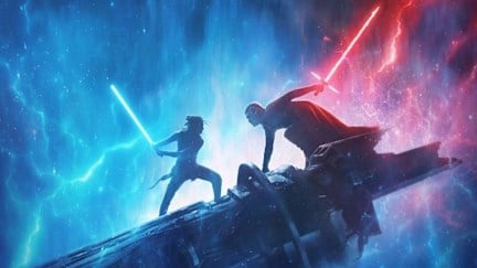 Rey and Kylo Ren lightsaber battle on the Star Wars: The Rise of Skywalker poster.