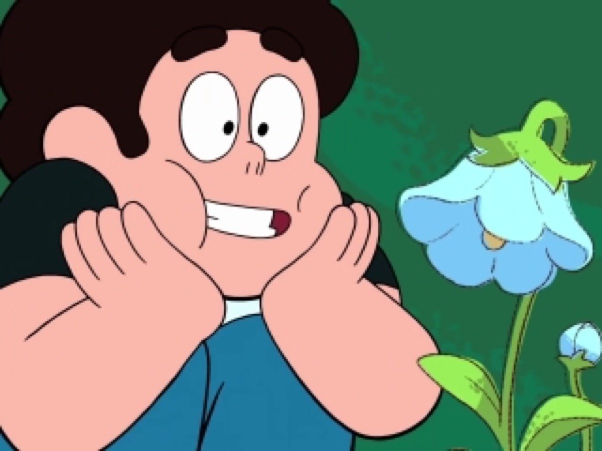 Steven Universe grinning at a flower.