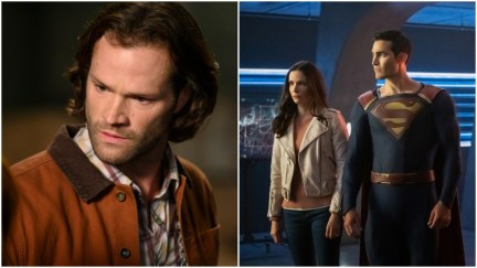collage: jared padalecki in supernatural/Elizabeth Tulloch and Tyler Hoechlin in Superman and Lois