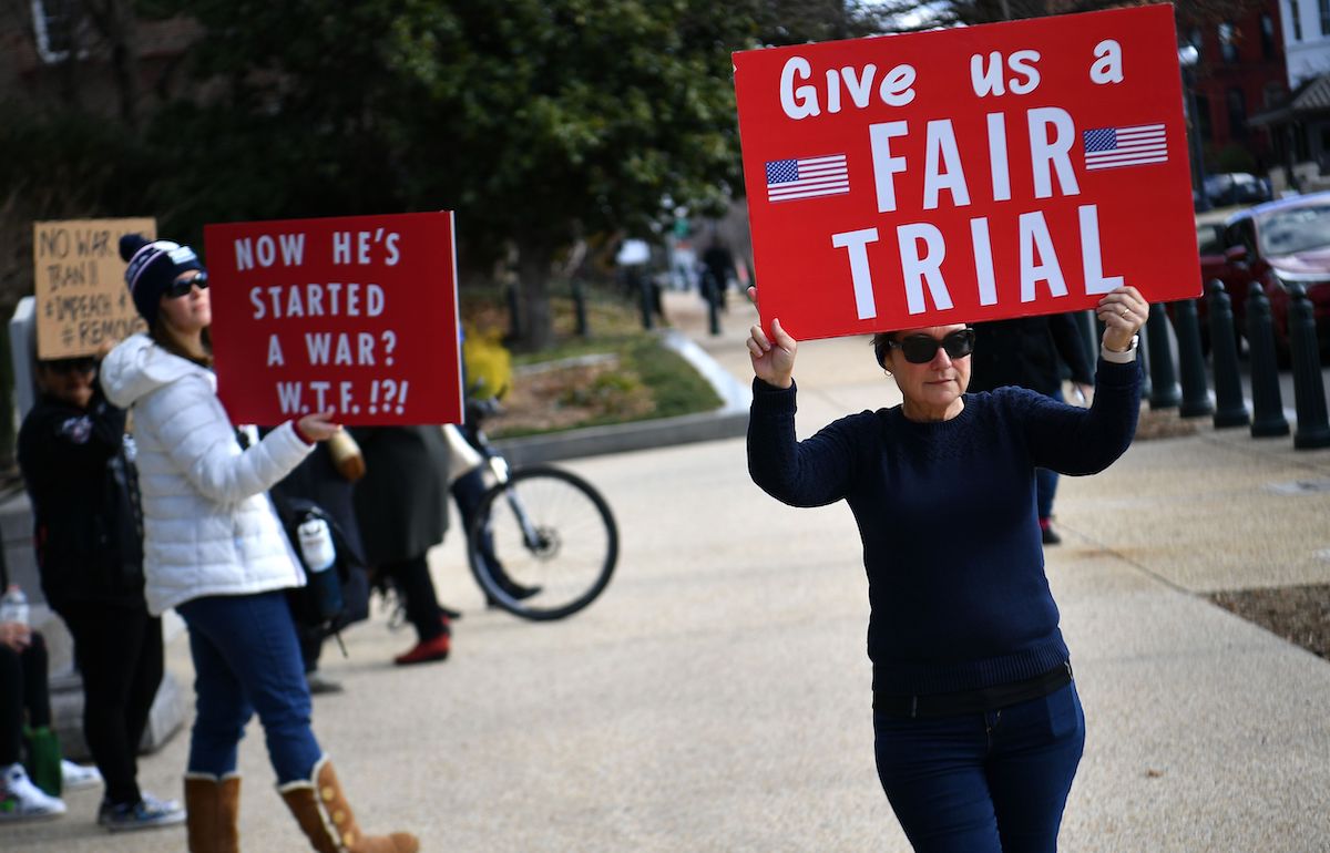 Progressive Democrats of America holds a rally to urge action to "impeach, remove, indict and jail" US President Trump outside the Hart Senate office building in Washington, DC