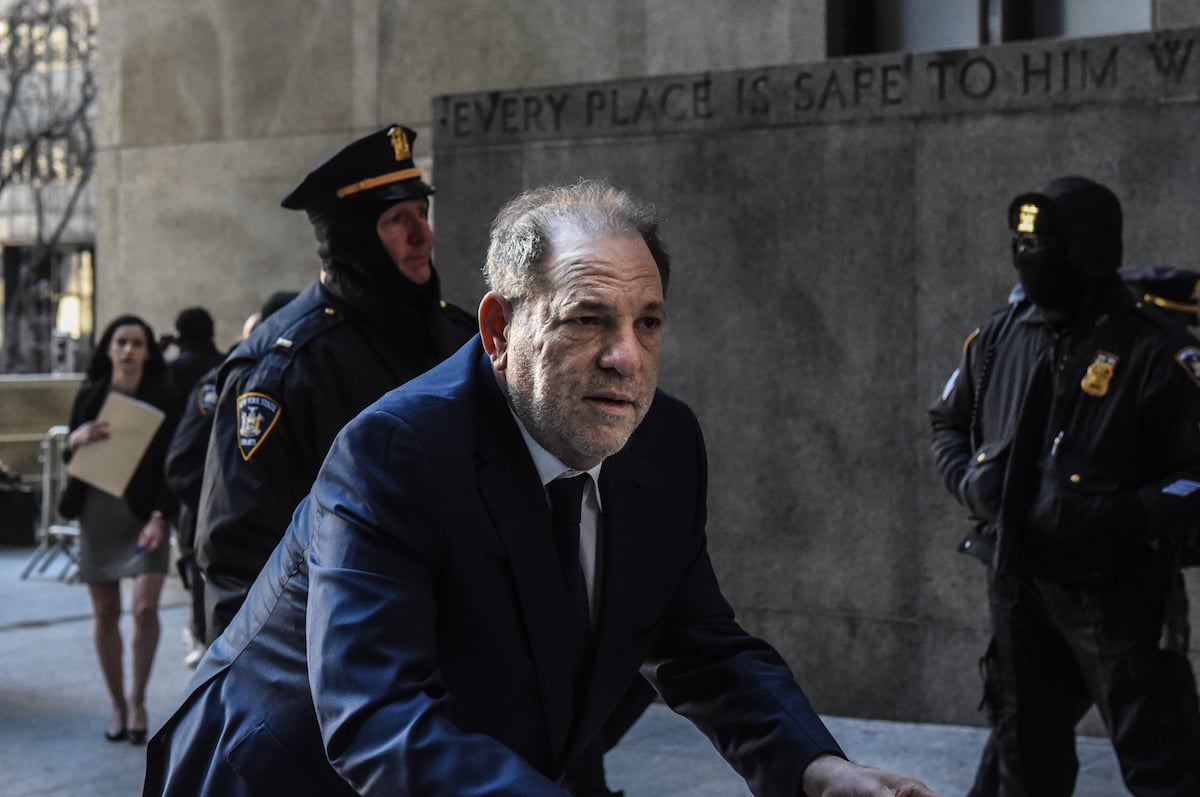 Harvey Weinstein arrives at New York City criminal court, hunched over a walker.