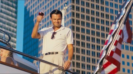 leo dicaprio in wolf of wallstreet with wine