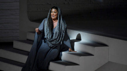 Russian soprano singer Anna Netrebko performs during the rehearsal of Giuseppe Verdi's 