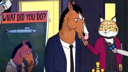 Bojack Horseman stands in front of Philbert poster in Netflix's Bojack Horseman.