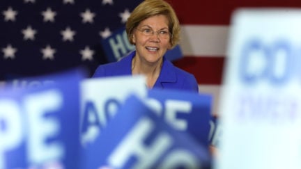 Democratic presidential candidate Sen. Elizabeth Warren (D-MA) addresses supporters during her caucus night watch party