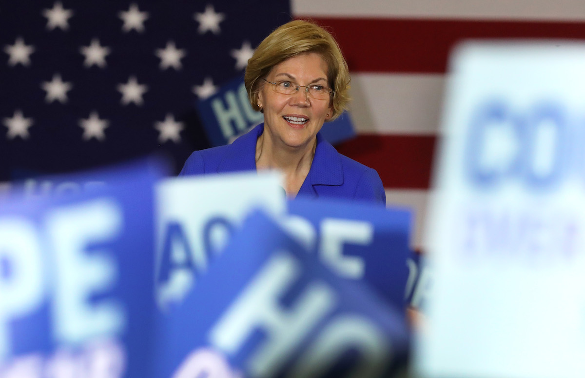 Democratic presidential candidate Sen. Elizabeth Warren (D-MA) addresses supporters during her caucus night watch party
