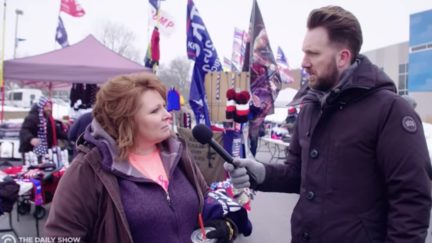 The Daily Show's Jordan Klepper talks to a white woman at a Trump rally.
