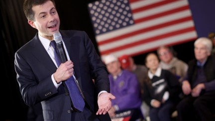 Pete Buttigieg looks very excited at an Iowa event.