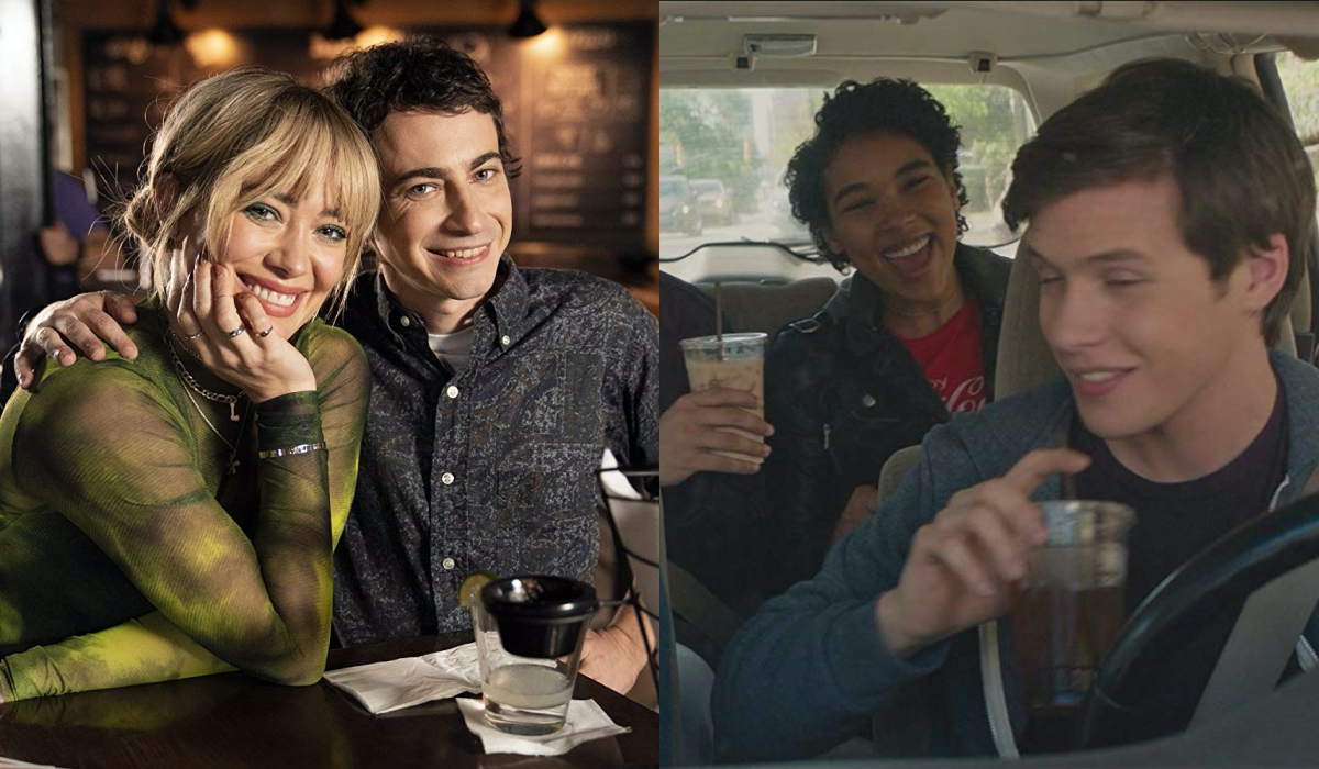 Alexandra Shipp, Nick Robinson, Jorge Lendeborg Jr., and Katherine Langford in Love, Simon (2018) \\ Hilary Duff and Adam Lamberg in Lizzie McGuire (2020)