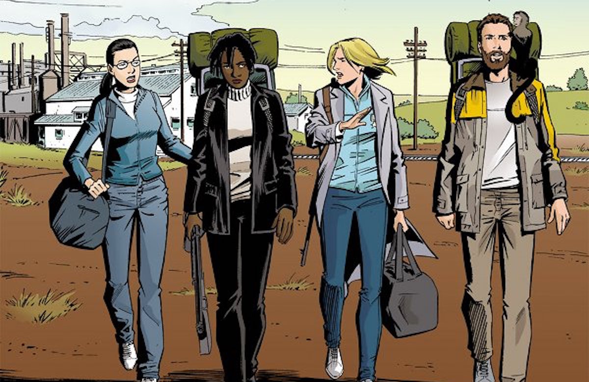 A panel from Y: The Last Man featuring four characters wearing hiking backpacks