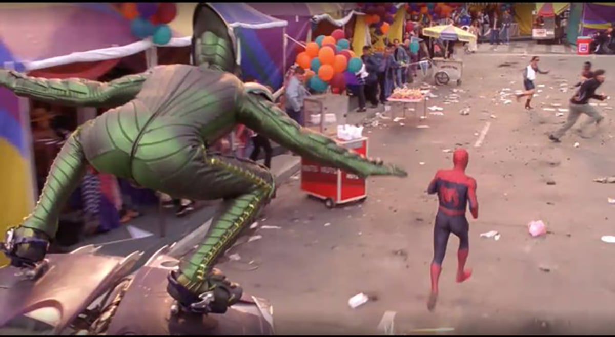 A picture of the Green Goblin chasing Peter Parker with booties on display