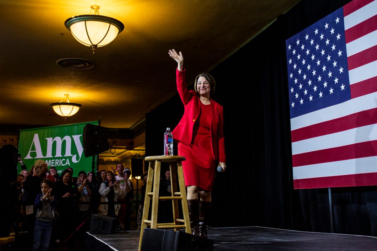 RICHMOND, VA - FEBRUARY 29: Democratic Presidential Candidate Sen. Amy Klobuchar (D-MN) waves as she leaves the stage after speaking during a campaign rally at the Altria Theatre on February 29, 2020 in Richmond, Virginia. Klobuchar continues to seek support for the Democratic nomination leading into the Super Tuesday vote on March 3. (Photo by Zach Gibson/Getty Images)