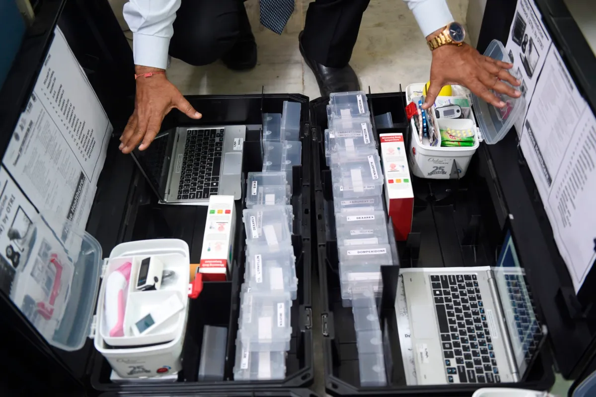 Scientist and founder of Online Telemedicine Research Institute, Ragesh Shah checks the contents of the kits prepared for the coronavirus scanning and surveillance system, in Ahmedabad on March 6, 2020. - India has reported 31 cases of the virus that has killed more than 3,300 people and infected nearly 100,000 worldwide after it emerged in the Chinese city of Wuhan in December. (Photo by SAM PANTHAKY / AFP) (Photo by SAM PANTHAKY/AFP via Getty Images)