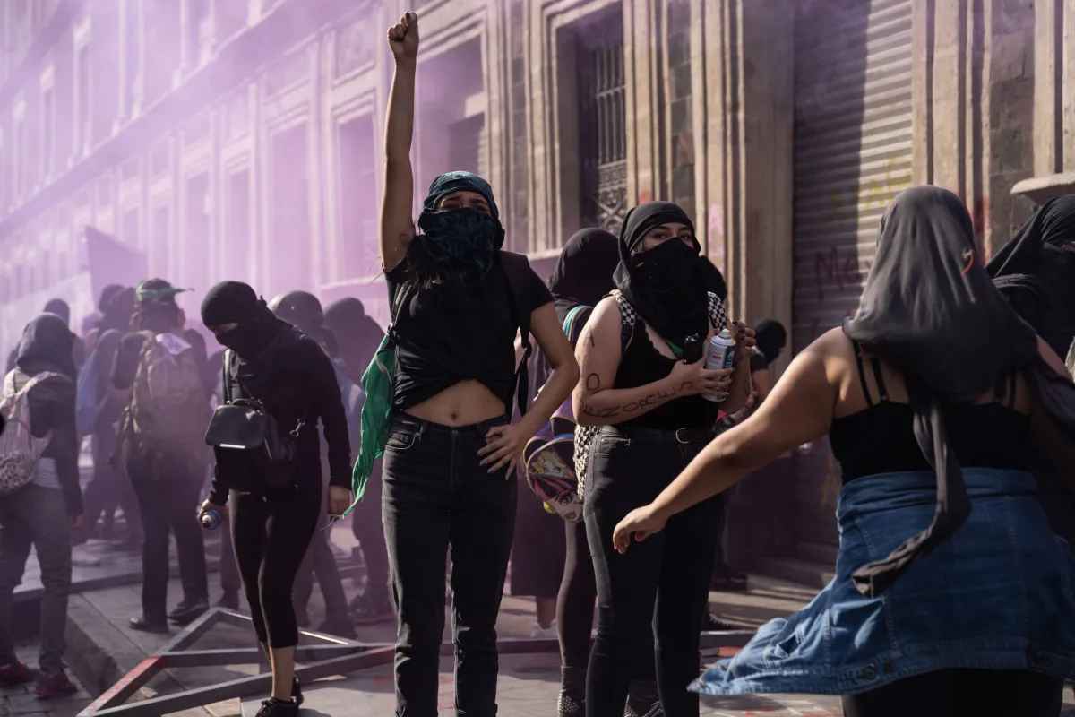 MEXICO CITY, MEXICO - MARCH 08: Demonstrators clah with police during a rally on International Women's Day on March 8, 2020 in Mexico City, Mexico. (Photo by Toya Sarno Jordan/Getty Images)
