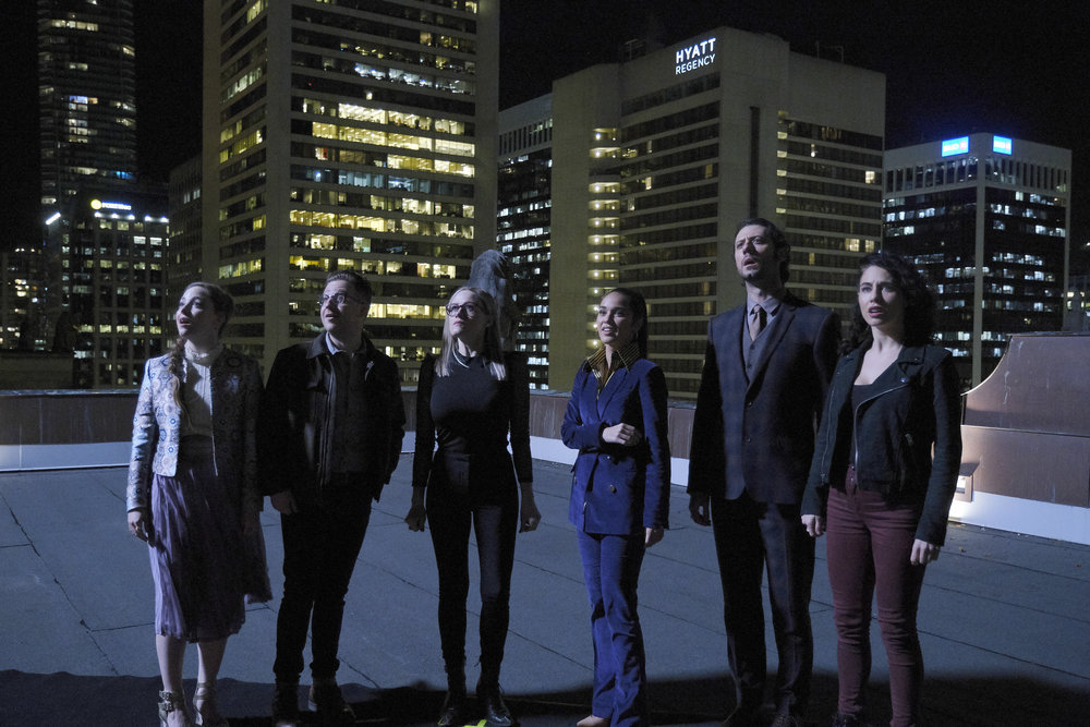 THE MAGICIANS -- "The Balls" Episode 512 -- Pictured: (l-r) Brittany Curran as Fen, Trevor Einhorn as Josh Hoberman, Olivia Taylor Dudley as Alice Quinn, Summer Bishil as Margo Hanson, Hale Appleman as Eliot Waugh, Jade Tailor as Kady Orloff-Diaz -- (Photo by: Jeff Weddell/SYFY)