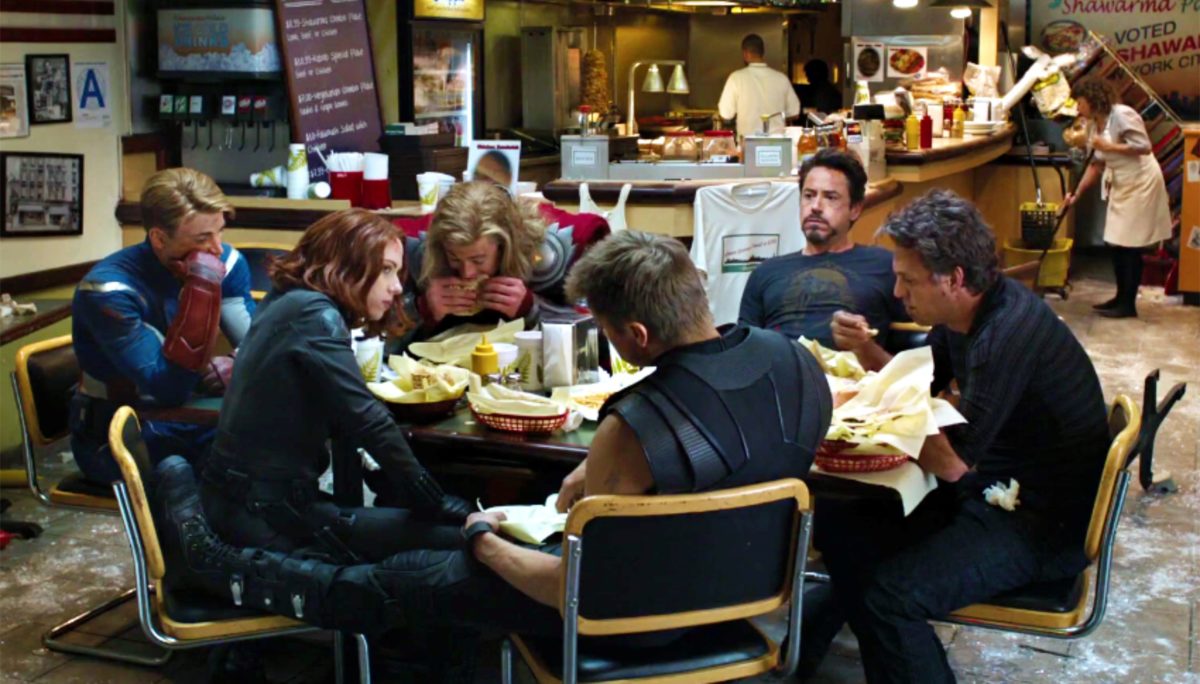 The Avengers eating shawarma