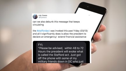 Viral text message about the Stafford Act used for national quarantine is false
