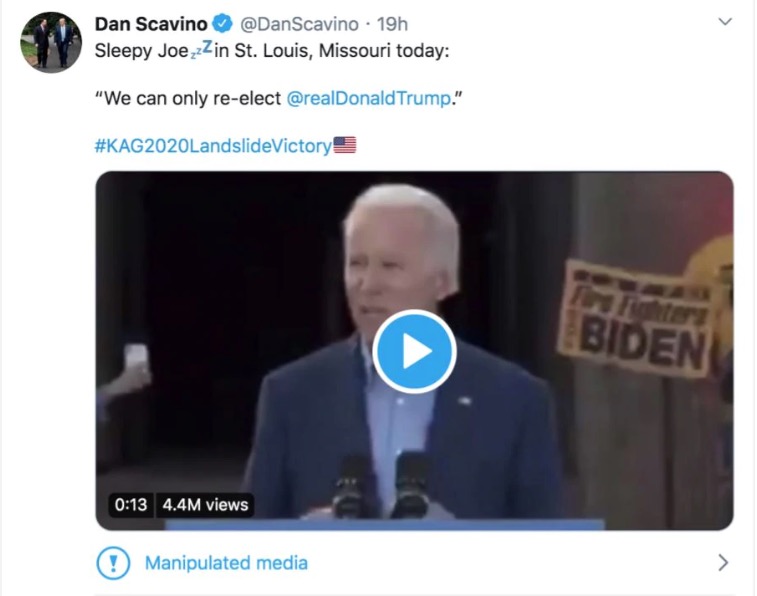 A tweet from Dan Scavino featuring a video of Joe Biden with a warning label reading Manipulated media.