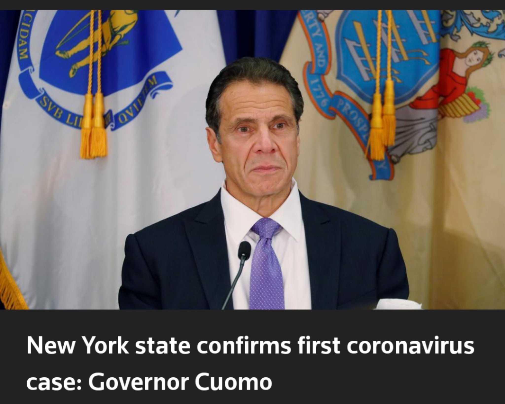 Picture of Andrew Cuomo with the headline "New York state confirms first coronavirus case: Governor Cuomo"