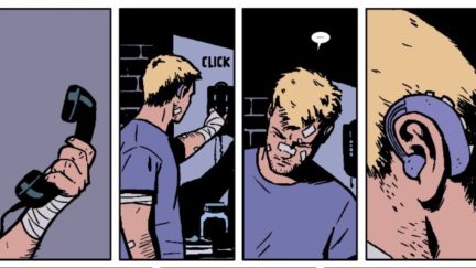Hawkeye wearing a hearing aid in Marvel comics.