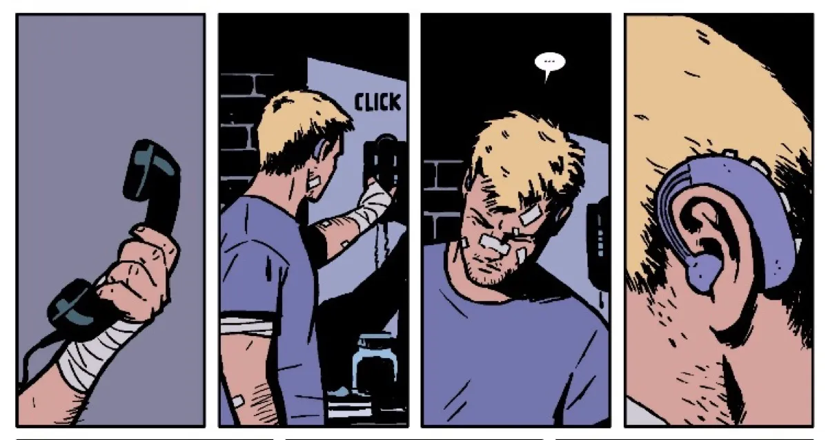 Hawkeye wearing a hearing aid in Marvel comics.