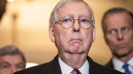 Senate Majority Leader Mitch McConnell makes a stupid frowny face for reporters.