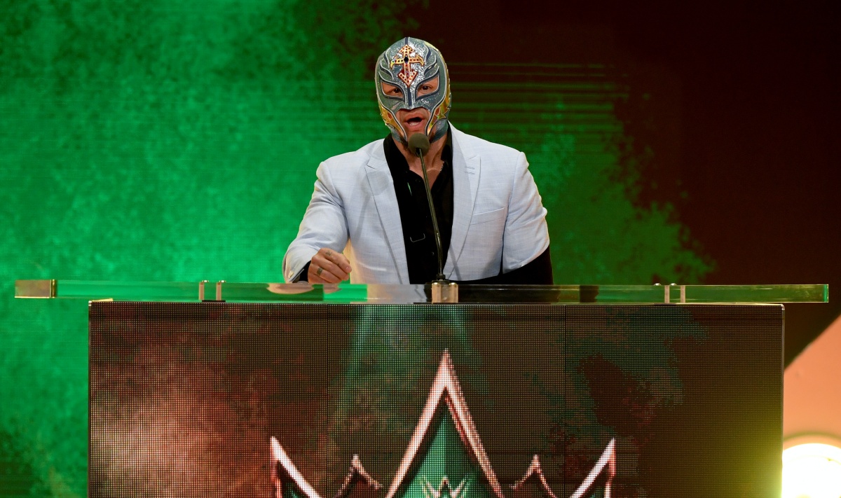 LAS VEGAS, NEVADA - OCTOBER 11: WWE wrestler Rey Mysterio speaks at a WWE news conference at T-Mobile Arena on October 11, 2019 in Las Vegas, Nevada. It was announced that WWE wrestler Braun Strowman will face heavyweight boxer Tyson Fury and WWE champion Brock Lesnar will take on former UFC heavyweight champion Cain Velasquez at the WWE's Crown Jewel event at Fahd International Stadium in Riyadh, Saudi Arabia on October 31. (Photo by Ethan Miller/Getty Images)