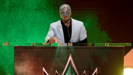 LAS VEGAS, NEVADA - OCTOBER 11: WWE wrestler Rey Mysterio speaks at a WWE news conference at T-Mobile Arena on October 11, 2019 in Las Vegas, Nevada. It was announced that WWE wrestler Braun Strowman will face heavyweight boxer Tyson Fury and WWE champion Brock Lesnar will take on former UFC heavyweight champion Cain Velasquez at the WWE's Crown Jewel event at Fahd International Stadium in Riyadh, Saudi Arabia on October 31. (Photo by Ethan Miller/Getty Images)