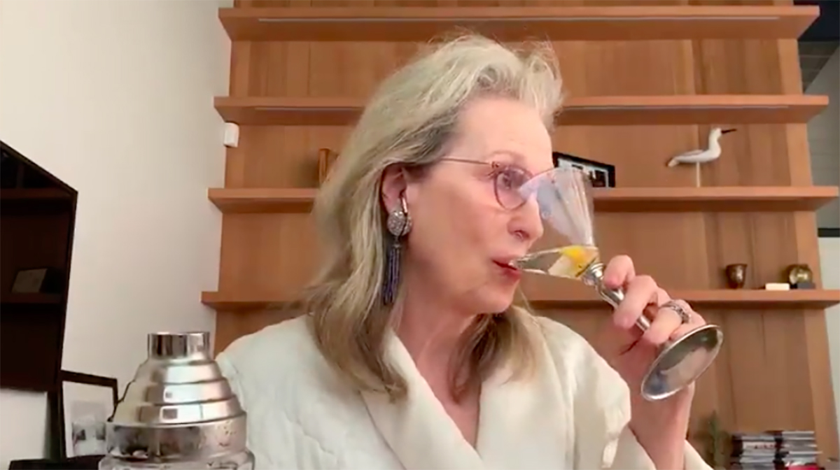 Meryl Streep drinking a martini during Stephen Sondheim's concert
