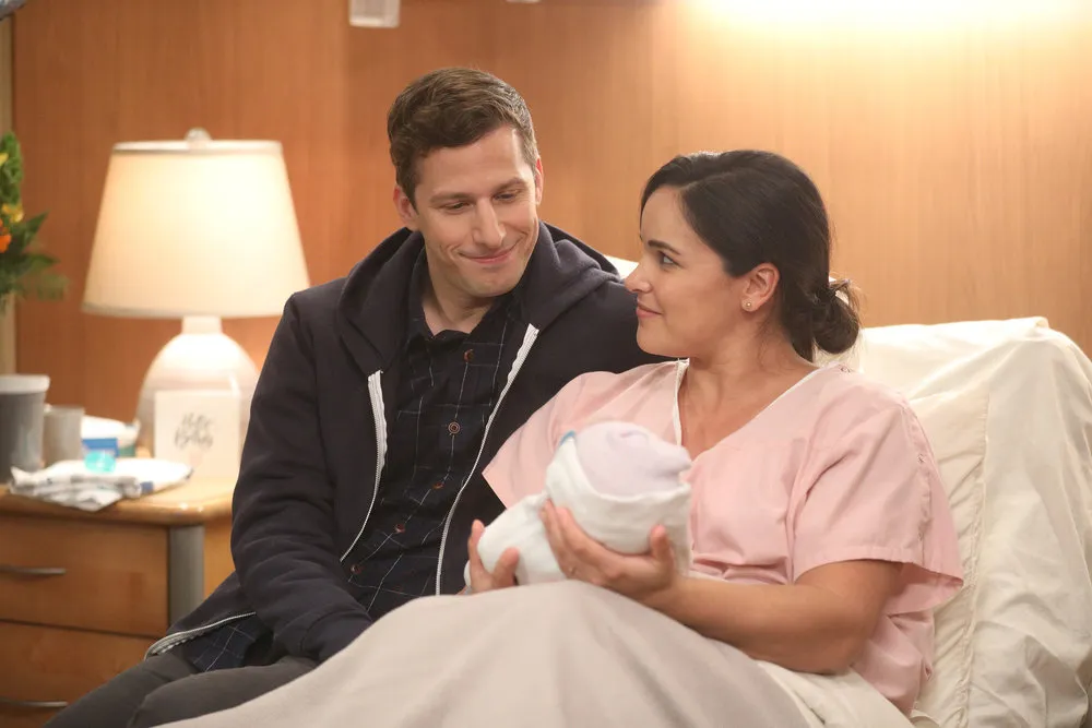 BROOKLYN NINE-NINE -- "Lights Out" Episode 713 -- Pictured: (l-r) Andy Samberg as Jake Peralta, Melissa Fumero as Amy Santiago -- (Photo by: Jordin Althaus/NBC)