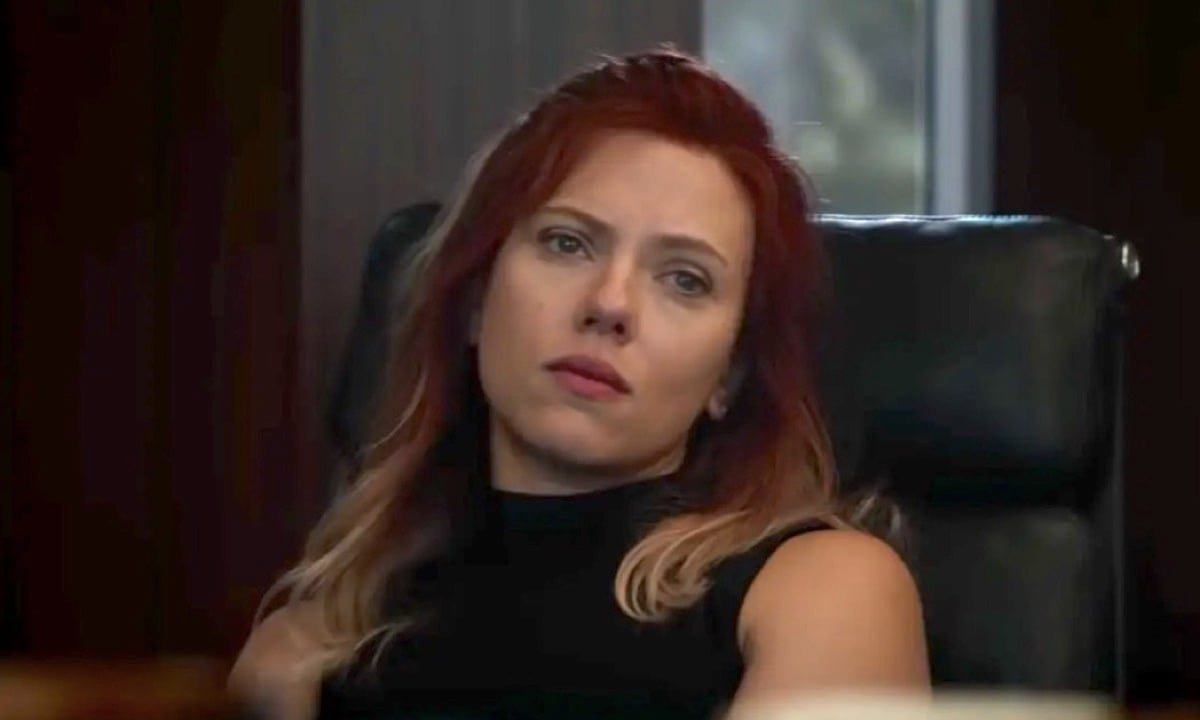 Black Widow sitting in a chair, looking unhappy in Avengers: Endgame.