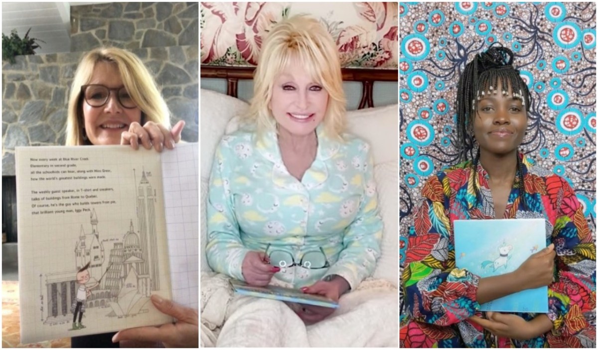 Shots of Laura Dern, Dolly Parton, and Lupita Nyong'o reading from books.