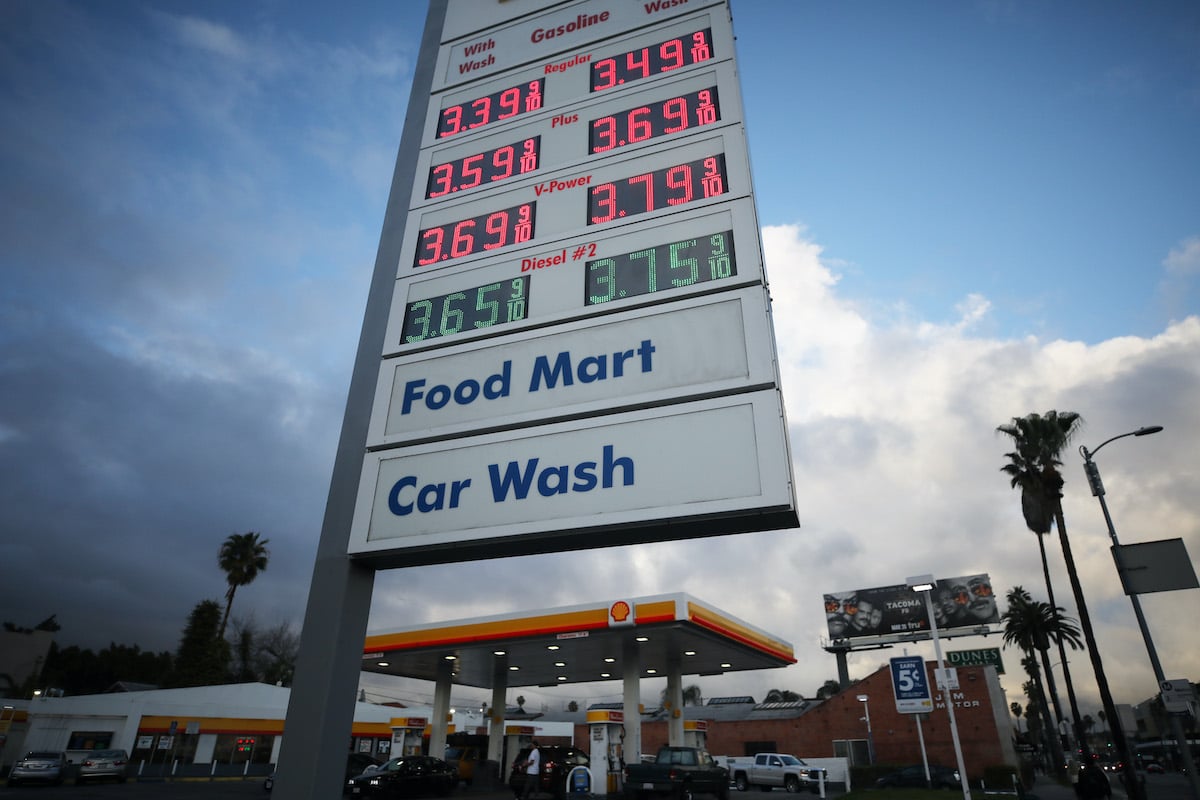 Gas prices are displayed at a Shell gas station on March 10, 2020 in Los Angeles, California
