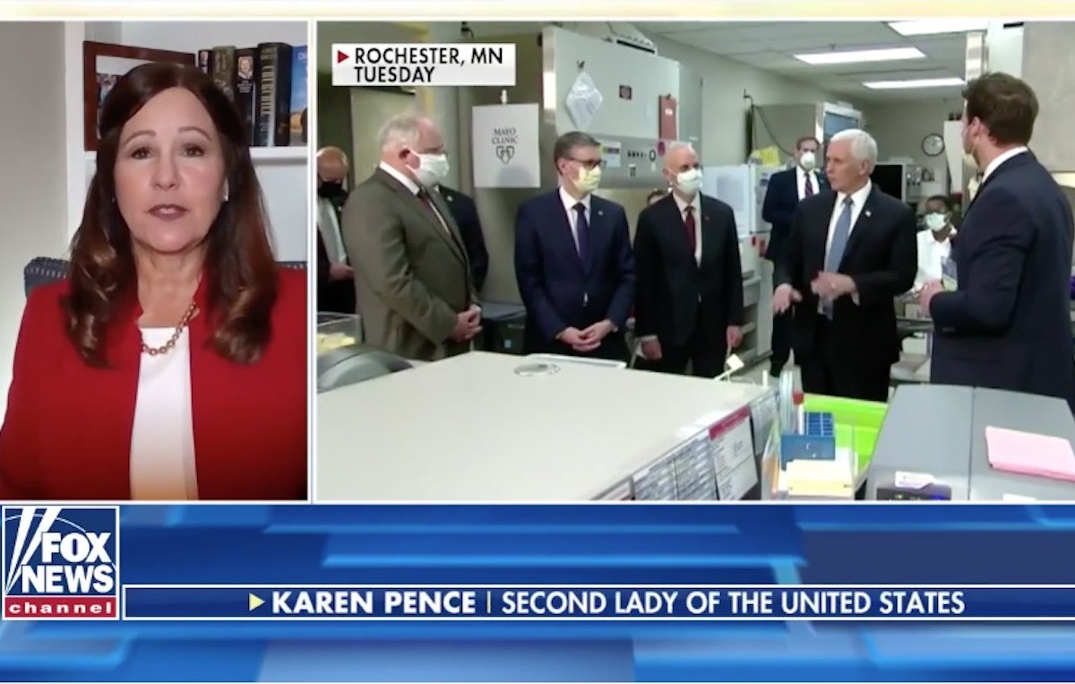 Split screen of Karen Pence defending Mike Pence not wearing a mask at the Mayo Clinic.