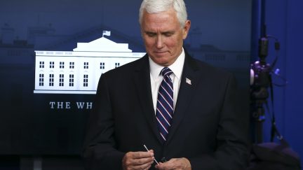 Mike Pence holds up a swab at the daily coronavirus briefing at the White House