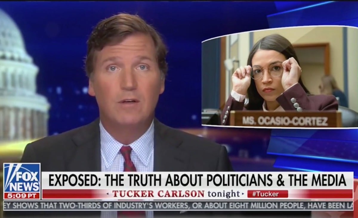 Tucker Carlson looks dopey as he talks about Alexandria Ocasio-Cortez.