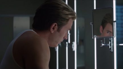 Chris Evans as Steve Rogers shaving his beard