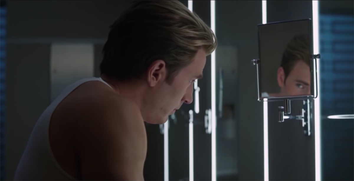 Chris Evans as Steve Rogers shaving his beard
