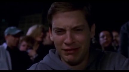 Tobey Maguire crying as Peter Parker in Spider-Man